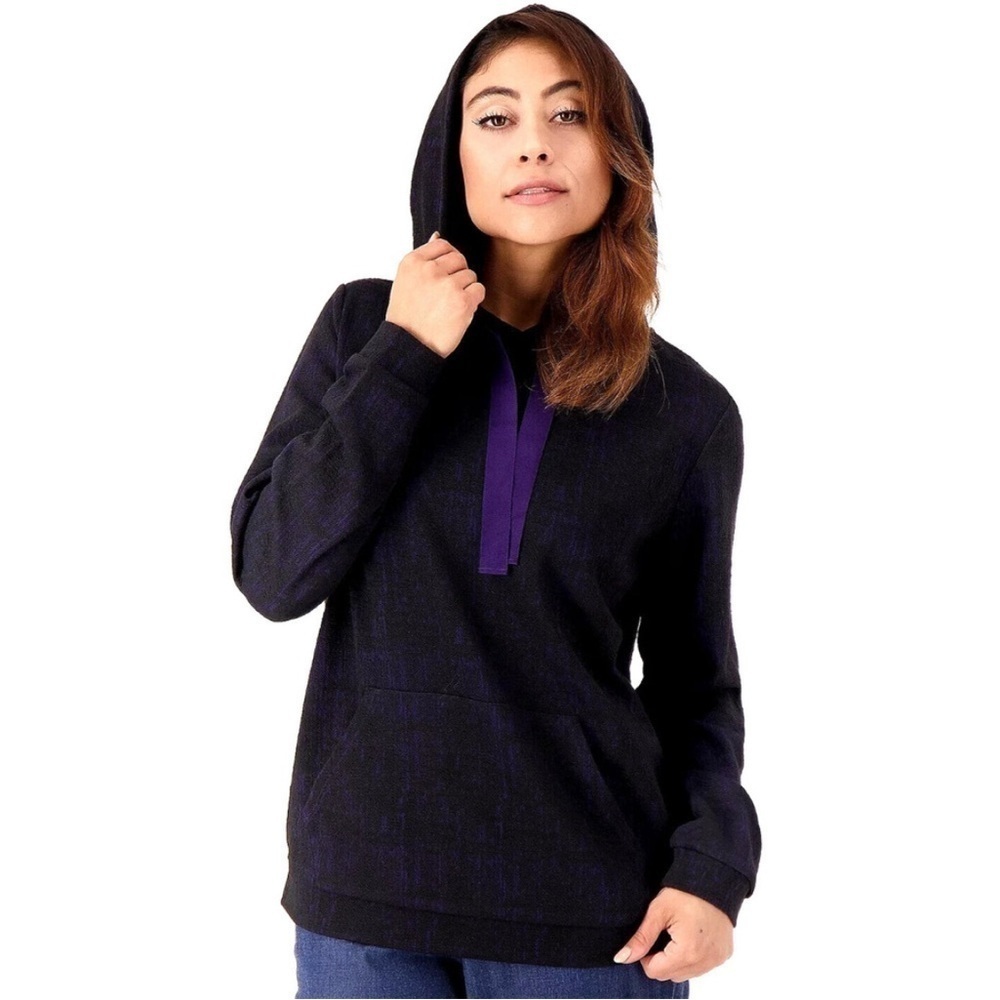 J JASON WU Stretch Purple Black Knit Plaid Hoodie Sweatshirt Top size L